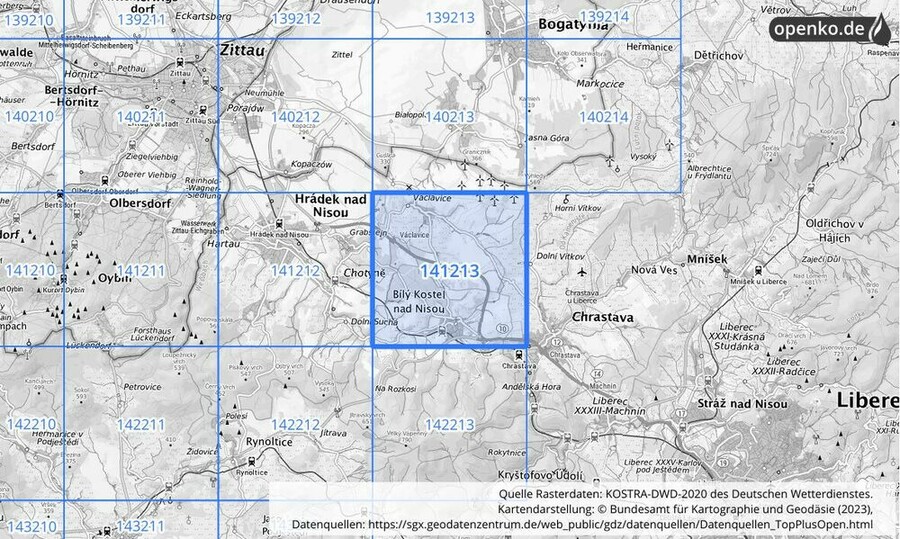 Übersichtskarte des KOSTRA-DWD-2020-Rasterfeldes Nr. 141213