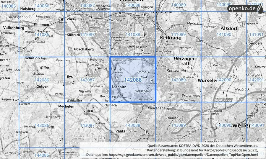 Übersichtskarte des KOSTRA-DWD-2020-Rasterfeldes Nr. 142088