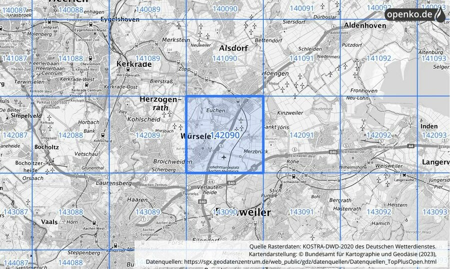 Übersichtskarte des KOSTRA-DWD-2020-Rasterfeldes Nr. 142090