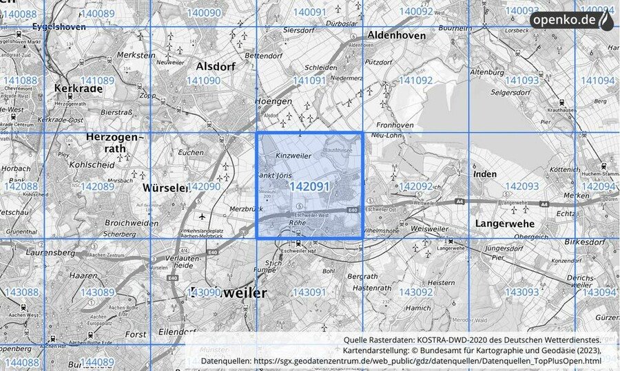 Übersichtskarte des KOSTRA-DWD-2020-Rasterfeldes Nr. 142091