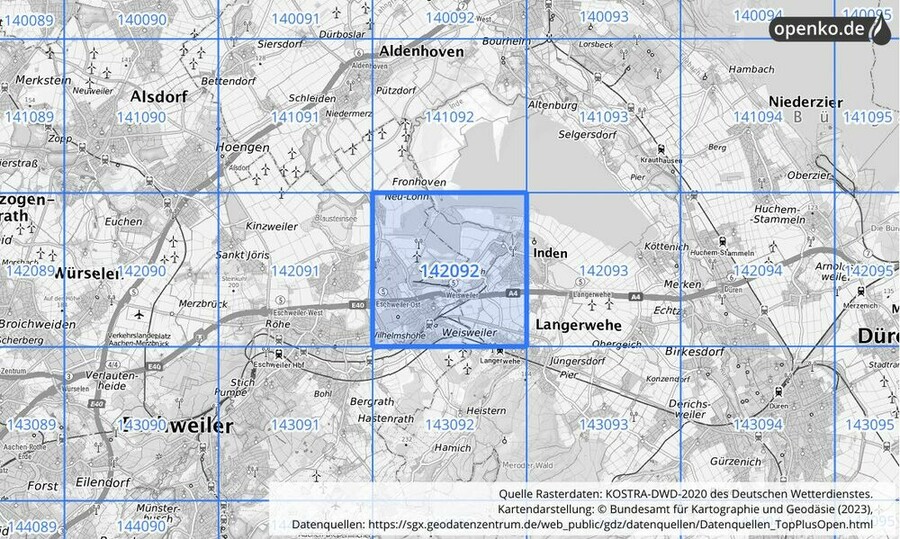 Übersichtskarte des KOSTRA-DWD-2020-Rasterfeldes Nr. 142092