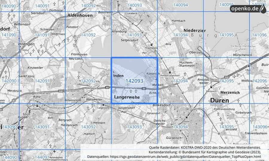 Übersichtskarte des KOSTRA-DWD-2020-Rasterfeldes Nr. 142093