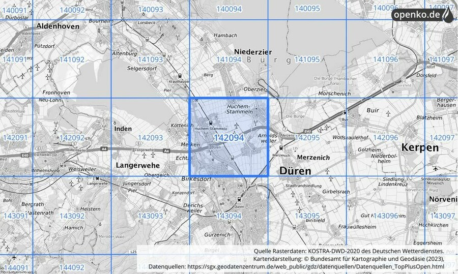 Übersichtskarte des KOSTRA-DWD-2020-Rasterfeldes Nr. 142094