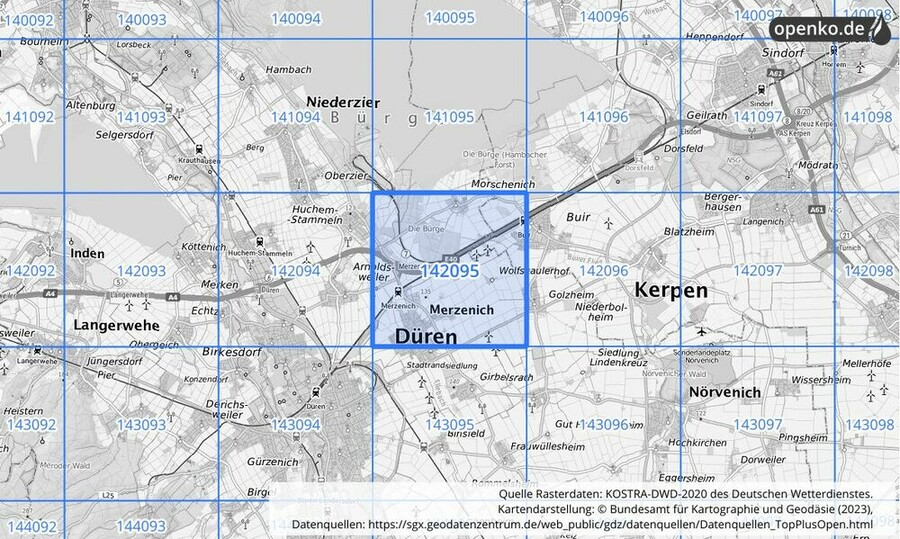 Übersichtskarte des KOSTRA-DWD-2020-Rasterfeldes Nr. 142095