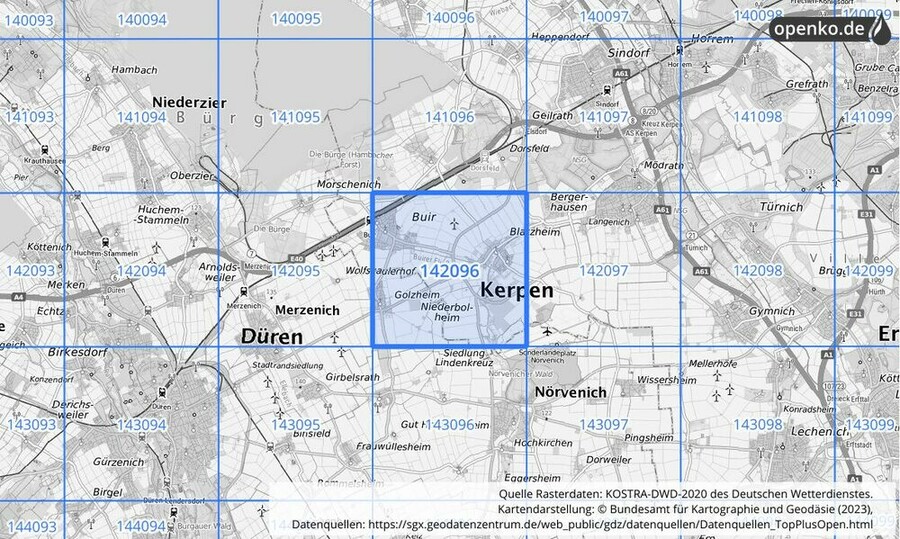 Übersichtskarte des KOSTRA-DWD-2020-Rasterfeldes Nr. 142096