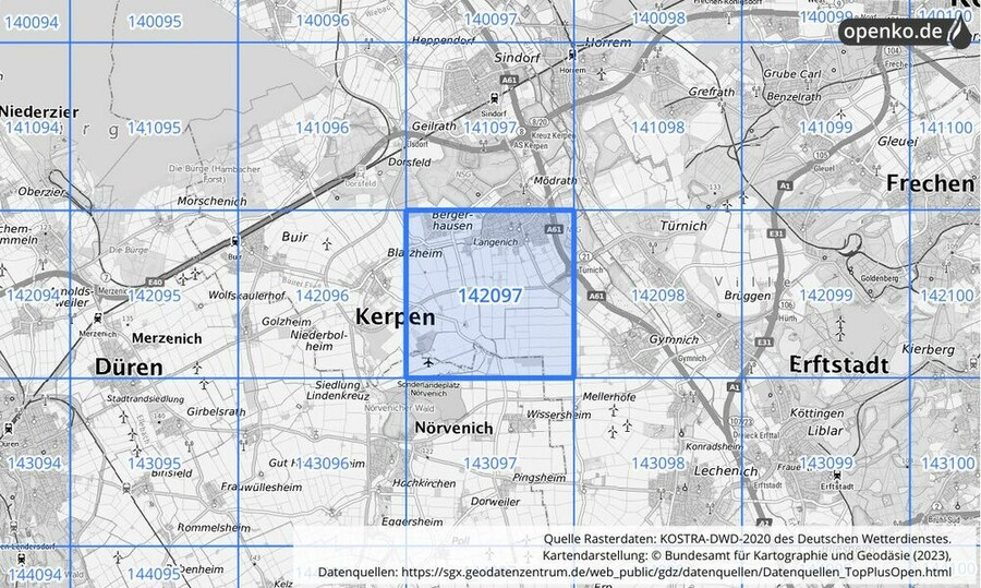 Übersichtskarte des KOSTRA-DWD-2020-Rasterfeldes Nr. 142097