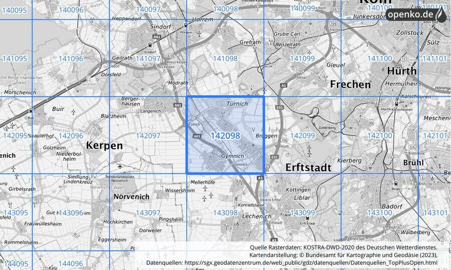 Übersichtskarte des KOSTRA-DWD-2020-Rasterfeldes Nr. 142098