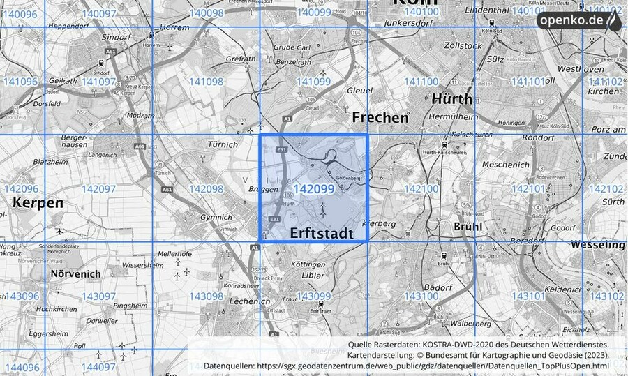 Übersichtskarte des KOSTRA-DWD-2020-Rasterfeldes Nr. 142099