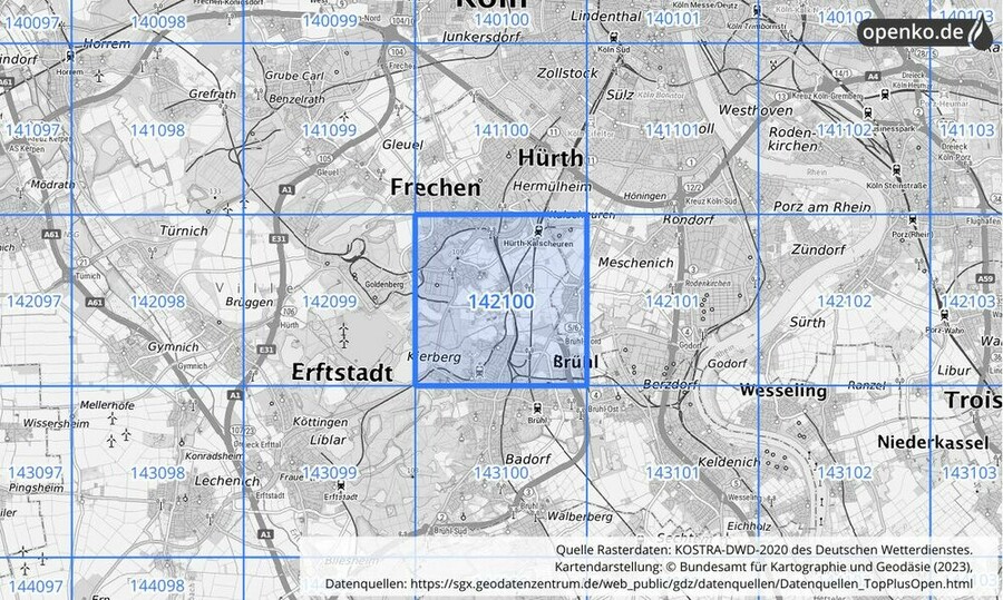 Übersichtskarte des KOSTRA-DWD-2020-Rasterfeldes Nr. 142100