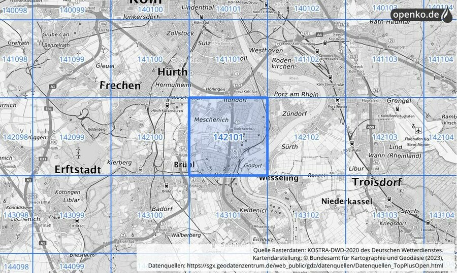 Übersichtskarte des KOSTRA-DWD-2020-Rasterfeldes Nr. 142101