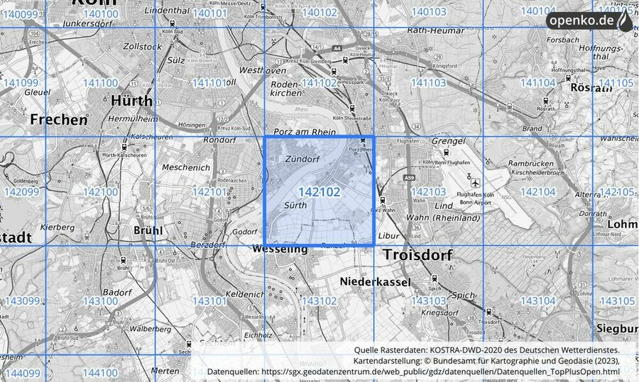 Übersichtskarte des KOSTRA-DWD-2020-Rasterfeldes Nr. 142102