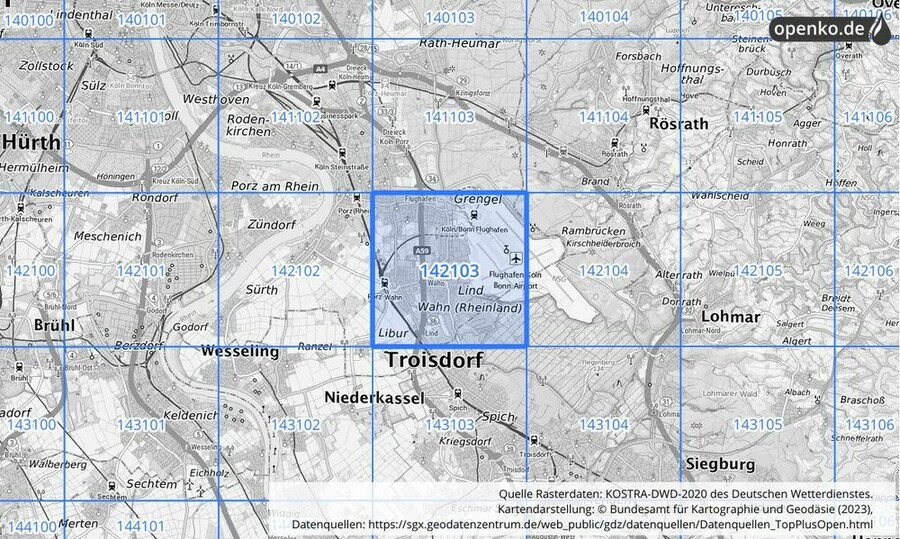 Übersichtskarte des KOSTRA-DWD-2020-Rasterfeldes Nr. 142103