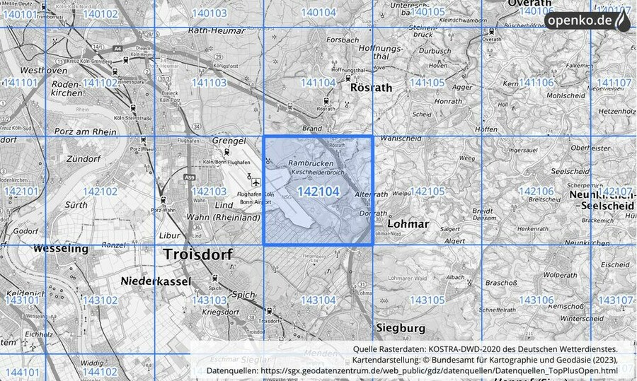 Übersichtskarte des KOSTRA-DWD-2020-Rasterfeldes Nr. 142104