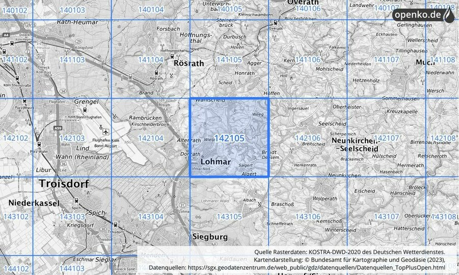 Übersichtskarte des KOSTRA-DWD-2020-Rasterfeldes Nr. 142105