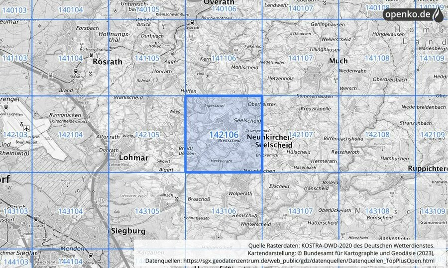 Übersichtskarte des KOSTRA-DWD-2020-Rasterfeldes Nr. 142106