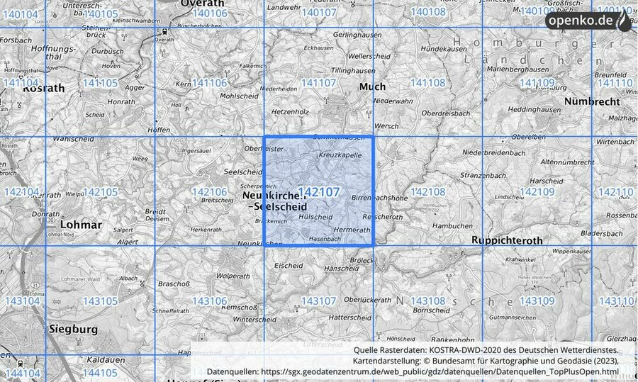 Übersichtskarte des KOSTRA-DWD-2020-Rasterfeldes Nr. 142107