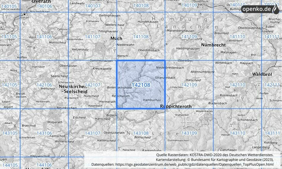 Übersichtskarte des KOSTRA-DWD-2020-Rasterfeldes Nr. 142108