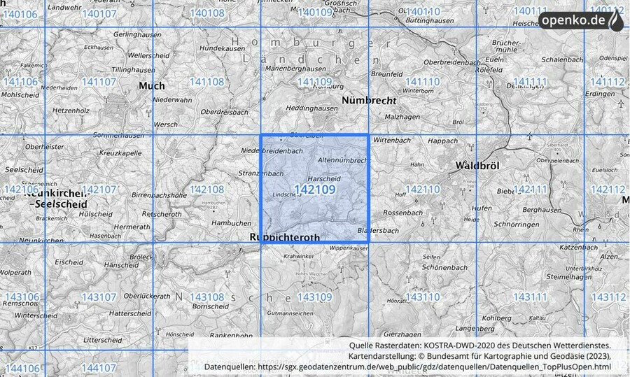 Übersichtskarte des KOSTRA-DWD-2020-Rasterfeldes Nr. 142109