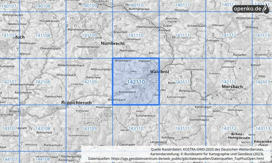 Übersichtskarte des KOSTRA-DWD-2020-Rasterfeldes Nr. 142110