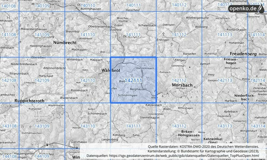 Übersichtskarte des KOSTRA-DWD-2020-Rasterfeldes Nr. 142111