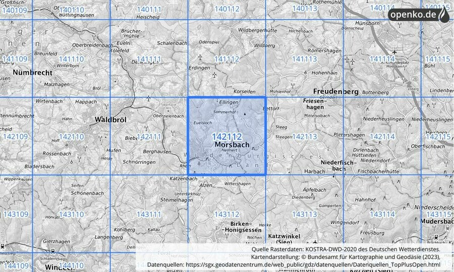 Übersichtskarte des KOSTRA-DWD-2020-Rasterfeldes Nr. 142112