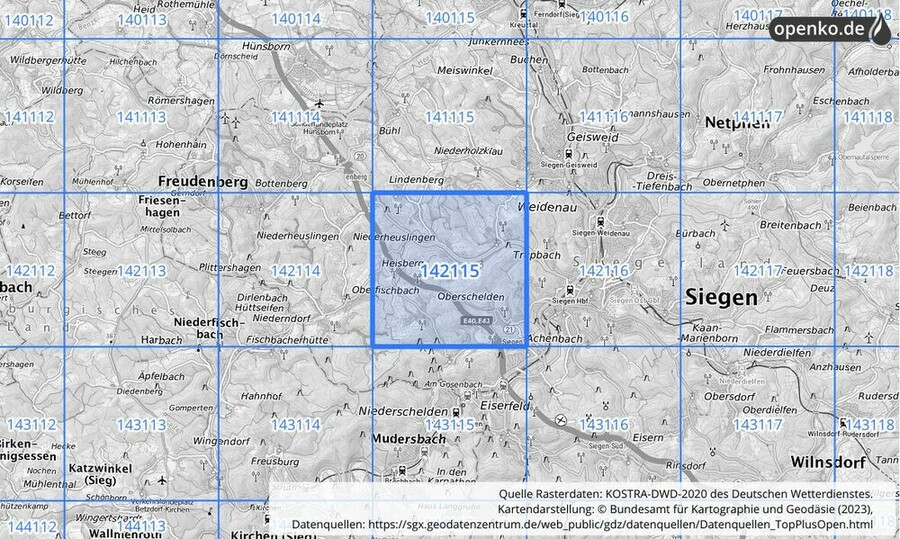 Übersichtskarte des KOSTRA-DWD-2020-Rasterfeldes Nr. 142115