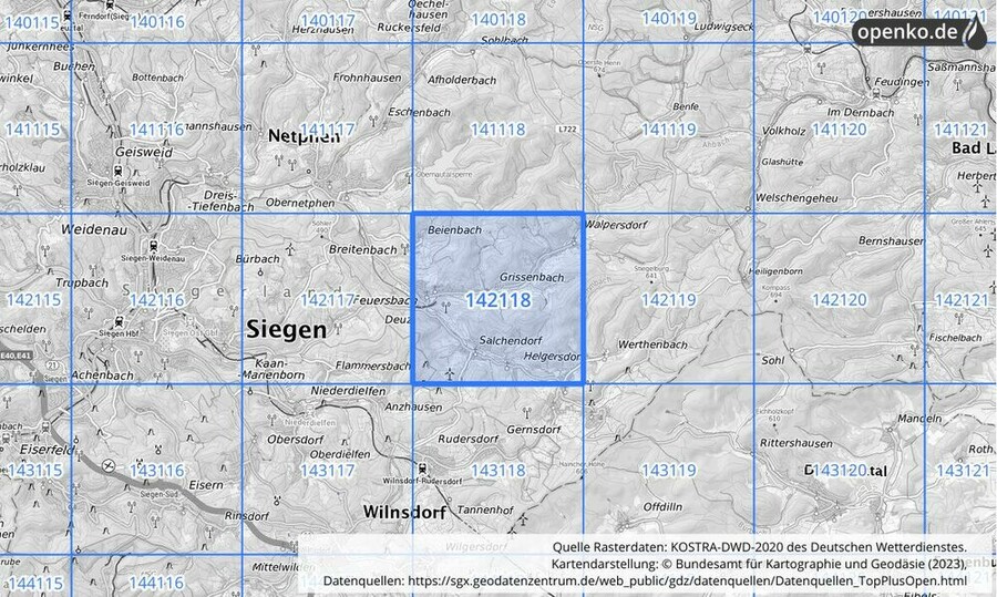 Übersichtskarte des KOSTRA-DWD-2020-Rasterfeldes Nr. 142118