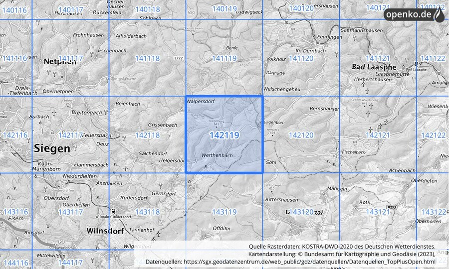Übersichtskarte des KOSTRA-DWD-2020-Rasterfeldes Nr. 142119