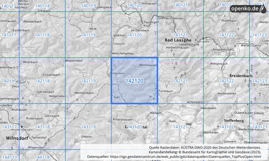 Übersichtskarte des KOSTRA-DWD-2020-Rasterfeldes Nr. 142120