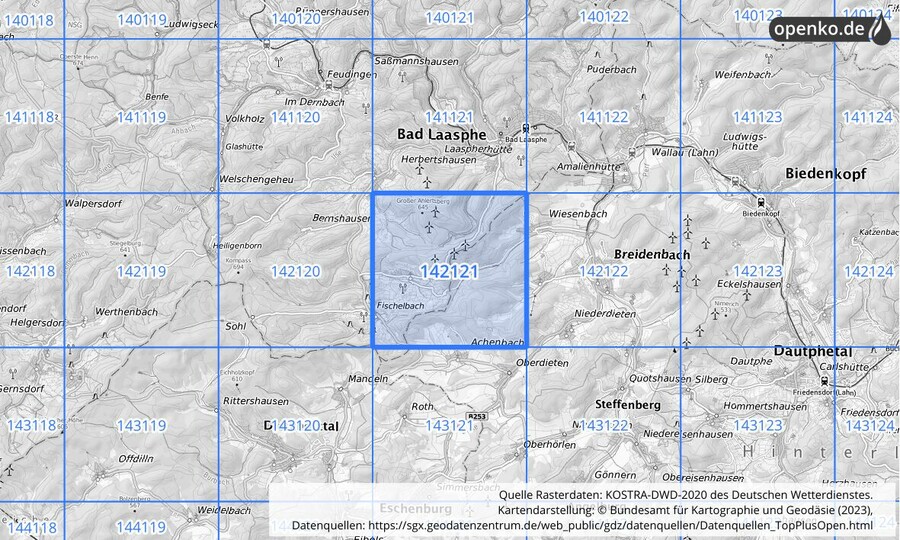 Übersichtskarte des KOSTRA-DWD-2020-Rasterfeldes Nr. 142121