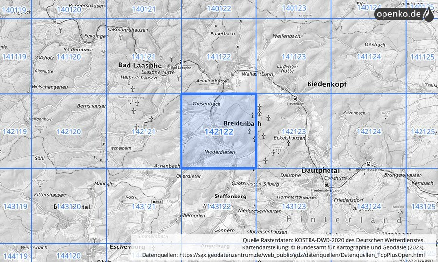 Übersichtskarte des KOSTRA-DWD-2020-Rasterfeldes Nr. 142122