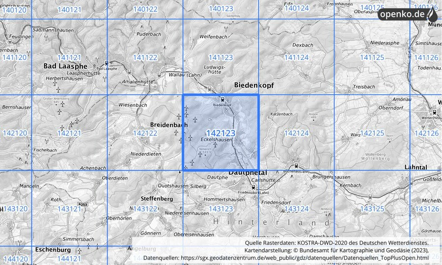 Übersichtskarte des KOSTRA-DWD-2020-Rasterfeldes Nr. 142123