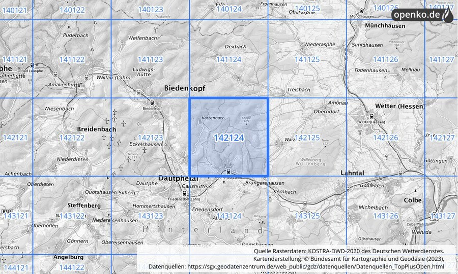 Übersichtskarte des KOSTRA-DWD-2020-Rasterfeldes Nr. 142124