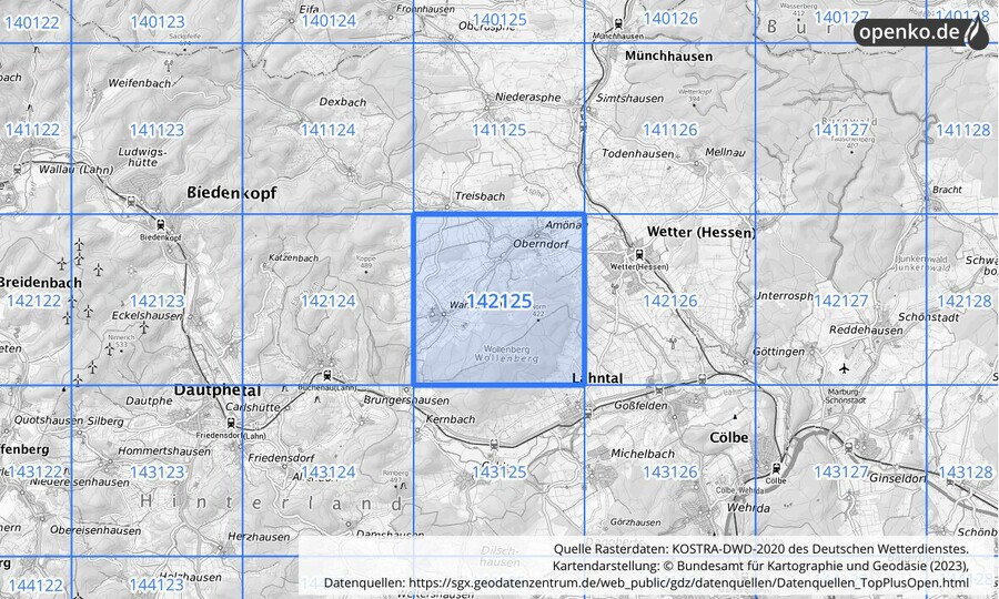 Übersichtskarte des KOSTRA-DWD-2020-Rasterfeldes Nr. 142125