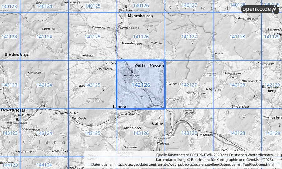 Übersichtskarte des KOSTRA-DWD-2020-Rasterfeldes Nr. 142126