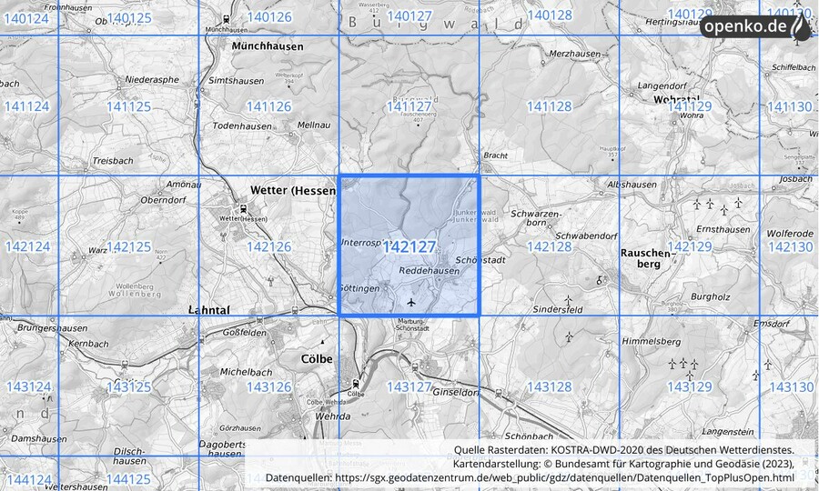 Übersichtskarte des KOSTRA-DWD-2020-Rasterfeldes Nr. 142127