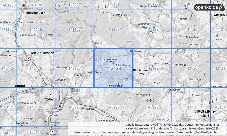 Übersichtskarte des KOSTRA-DWD-2020-Rasterfeldes Nr. 142128