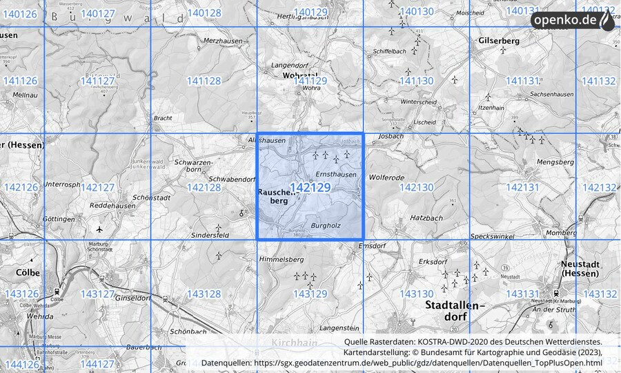 Übersichtskarte des KOSTRA-DWD-2020-Rasterfeldes Nr. 142129