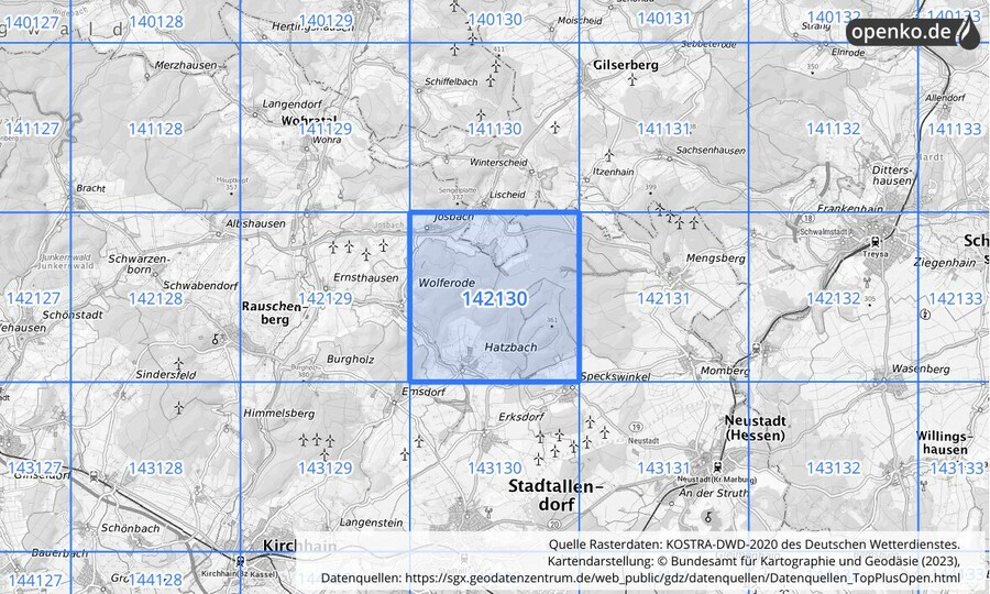 Übersichtskarte des KOSTRA-DWD-2020-Rasterfeldes Nr. 142130