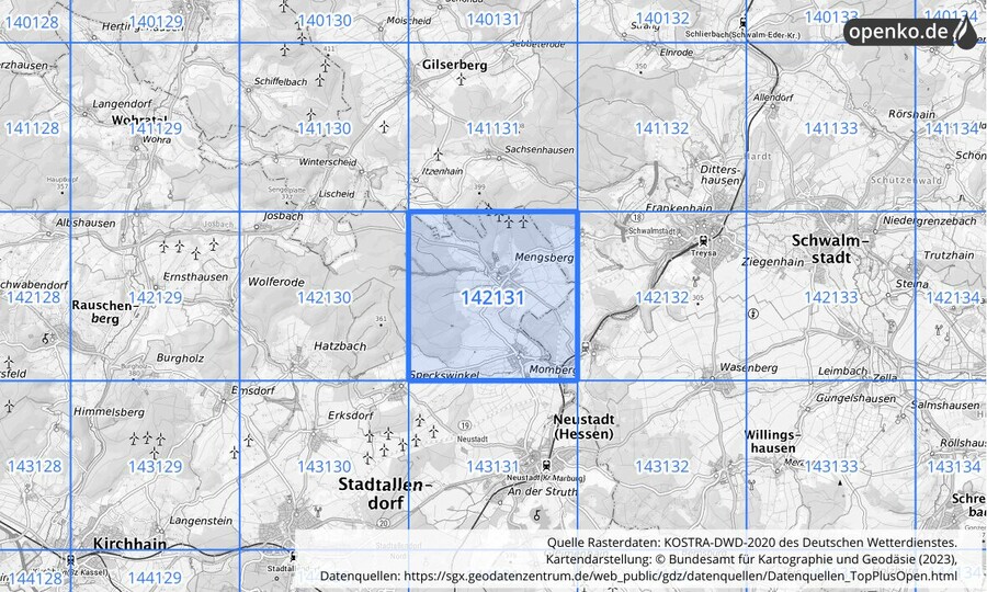 Übersichtskarte des KOSTRA-DWD-2020-Rasterfeldes Nr. 142131
