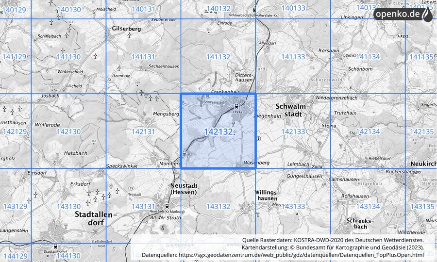 Übersichtskarte des KOSTRA-DWD-2020-Rasterfeldes Nr. 142132