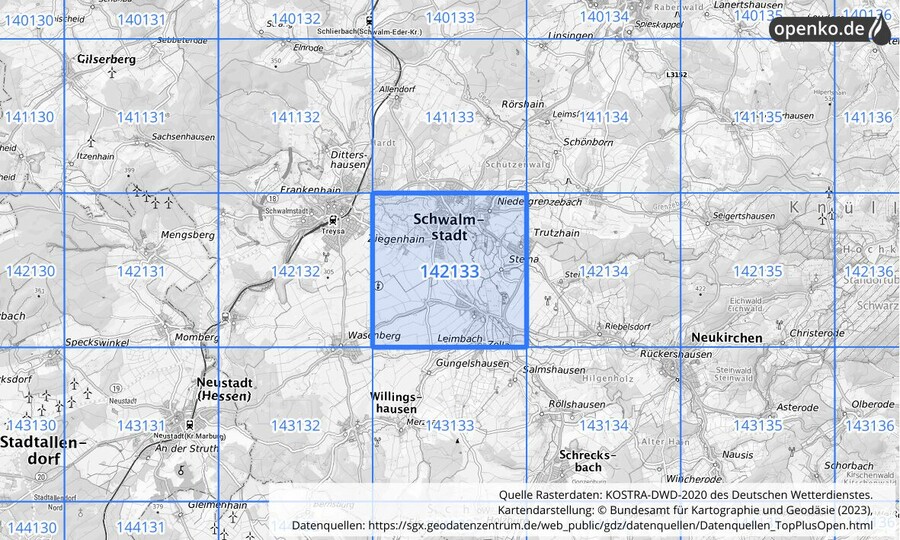 Übersichtskarte des KOSTRA-DWD-2020-Rasterfeldes Nr. 142133