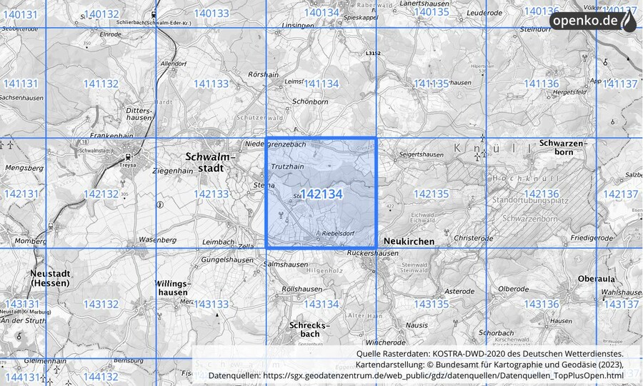 Übersichtskarte des KOSTRA-DWD-2020-Rasterfeldes Nr. 142134