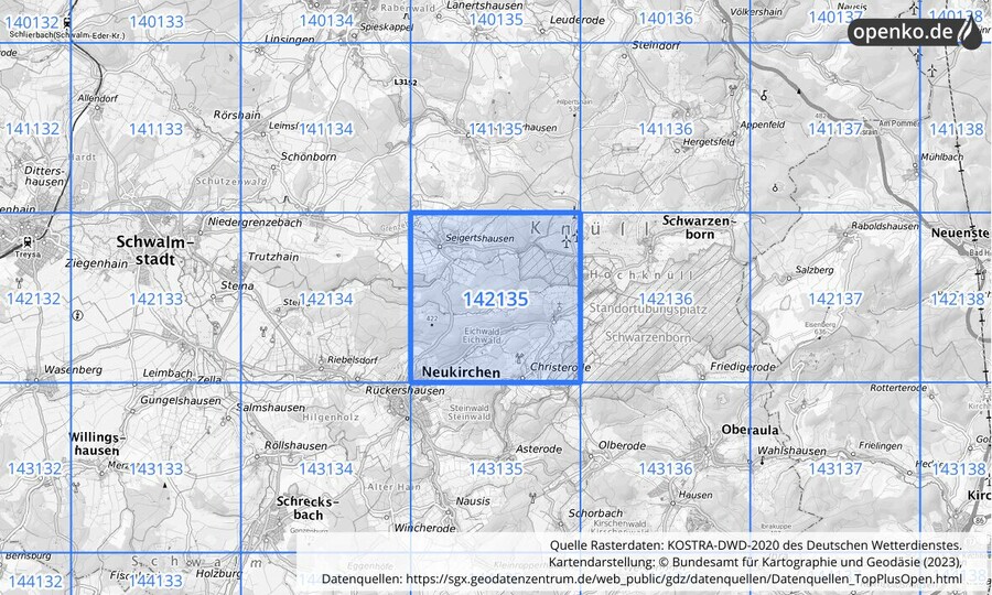 Übersichtskarte des KOSTRA-DWD-2020-Rasterfeldes Nr. 142135