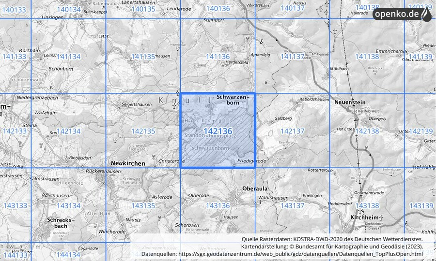 Übersichtskarte des KOSTRA-DWD-2020-Rasterfeldes Nr. 142136