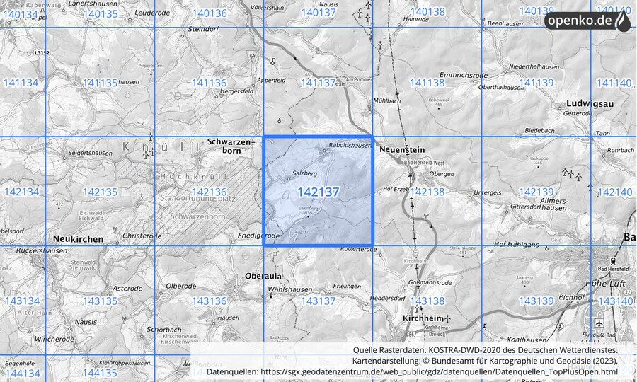 Übersichtskarte des KOSTRA-DWD-2020-Rasterfeldes Nr. 142137