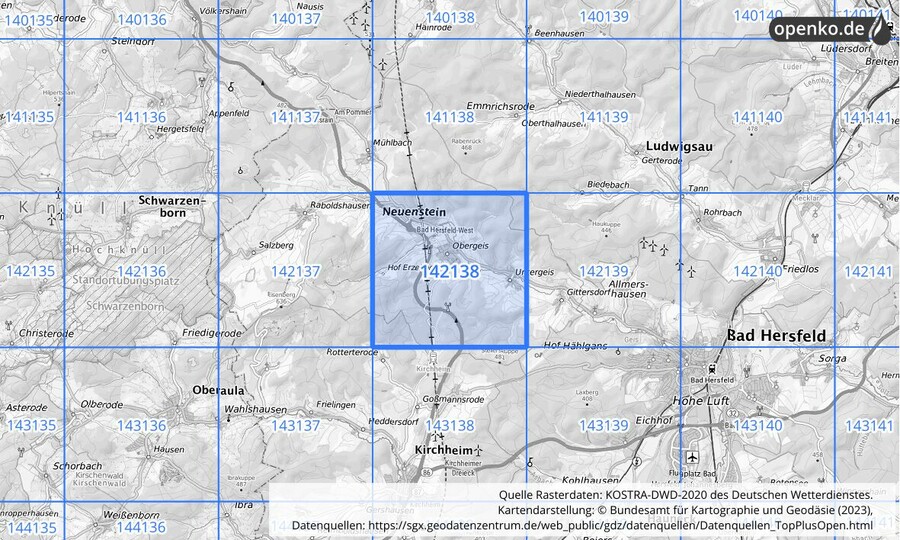 Übersichtskarte des KOSTRA-DWD-2020-Rasterfeldes Nr. 142138