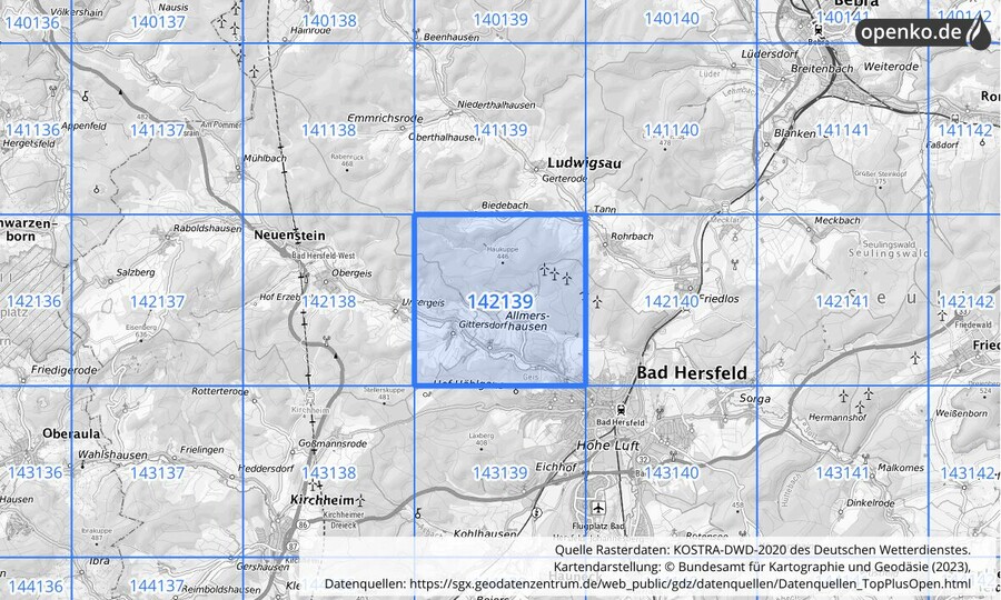 Übersichtskarte des KOSTRA-DWD-2020-Rasterfeldes Nr. 142139