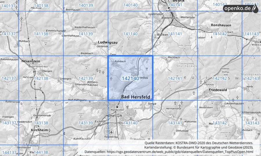 Übersichtskarte des KOSTRA-DWD-2020-Rasterfeldes Nr. 142140