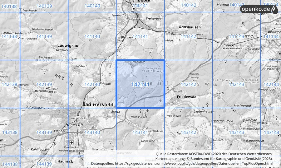 Übersichtskarte des KOSTRA-DWD-2020-Rasterfeldes Nr. 142141